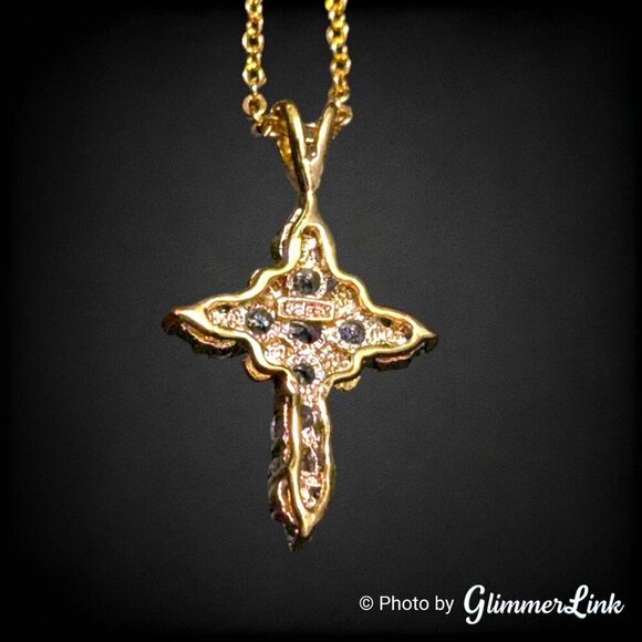 Vintage Crystal Covered Gold Electroplated Cross Pendant Necklace - Picture 10 of 10